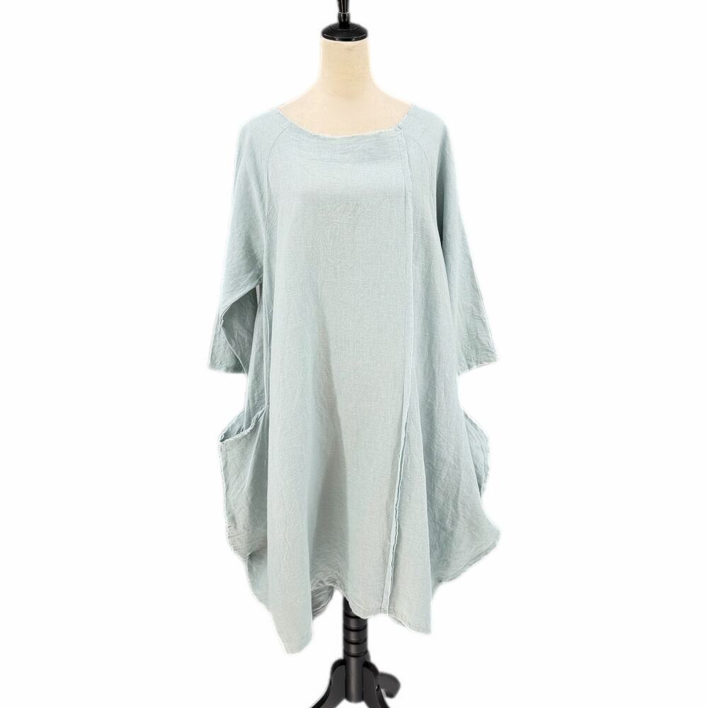 Paper Lace OS 100% Linen Blue Tunic Gauze Raw Hem Pockets Long Sleeve Dress